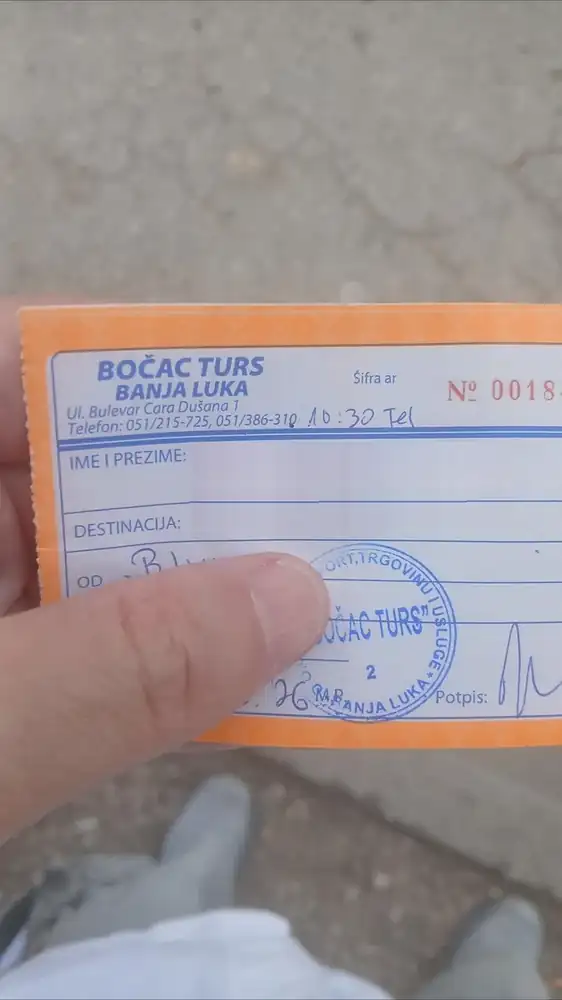 The bus ticket for the first leg, written out by hand at the Bočac office in Banja Luka