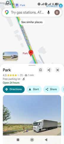 The Google Maps listing, 19 September 2026: free parking lot, open 24 hours, 4.0 from one review