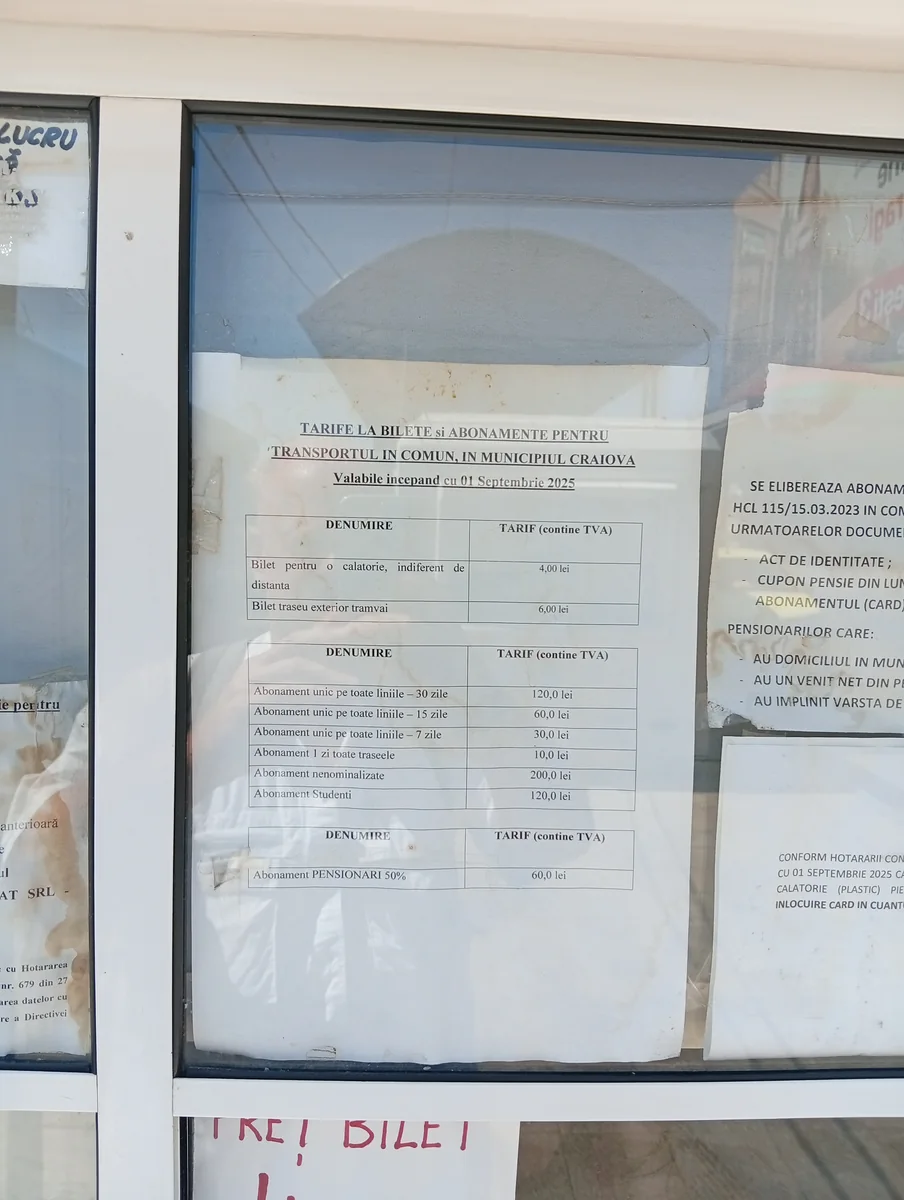 The tariff sheet itself, in the kiosk window — headed valid from 1 September 2025, every price including VAT. Photographed August 2026