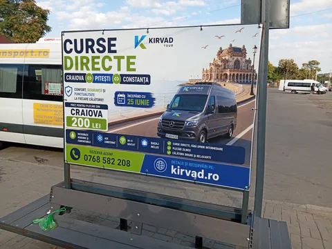 Kirvad Tour poster at Craiova North Bus Station: direct minibus Craiova–Pitești–Constanța, 200 lei from Craiova, 13 August 2026