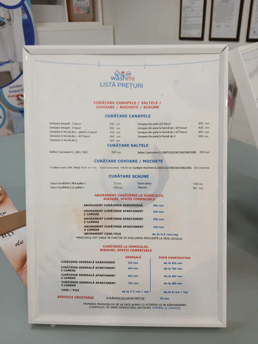 Printed price list: sofas, mattresses, carpets, subscription and one-off home cleaning