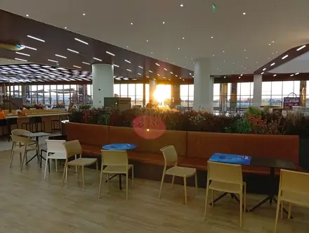 The food-court seating late in the day — banquette, planting behind it, and the sun coming in low through the west glazing