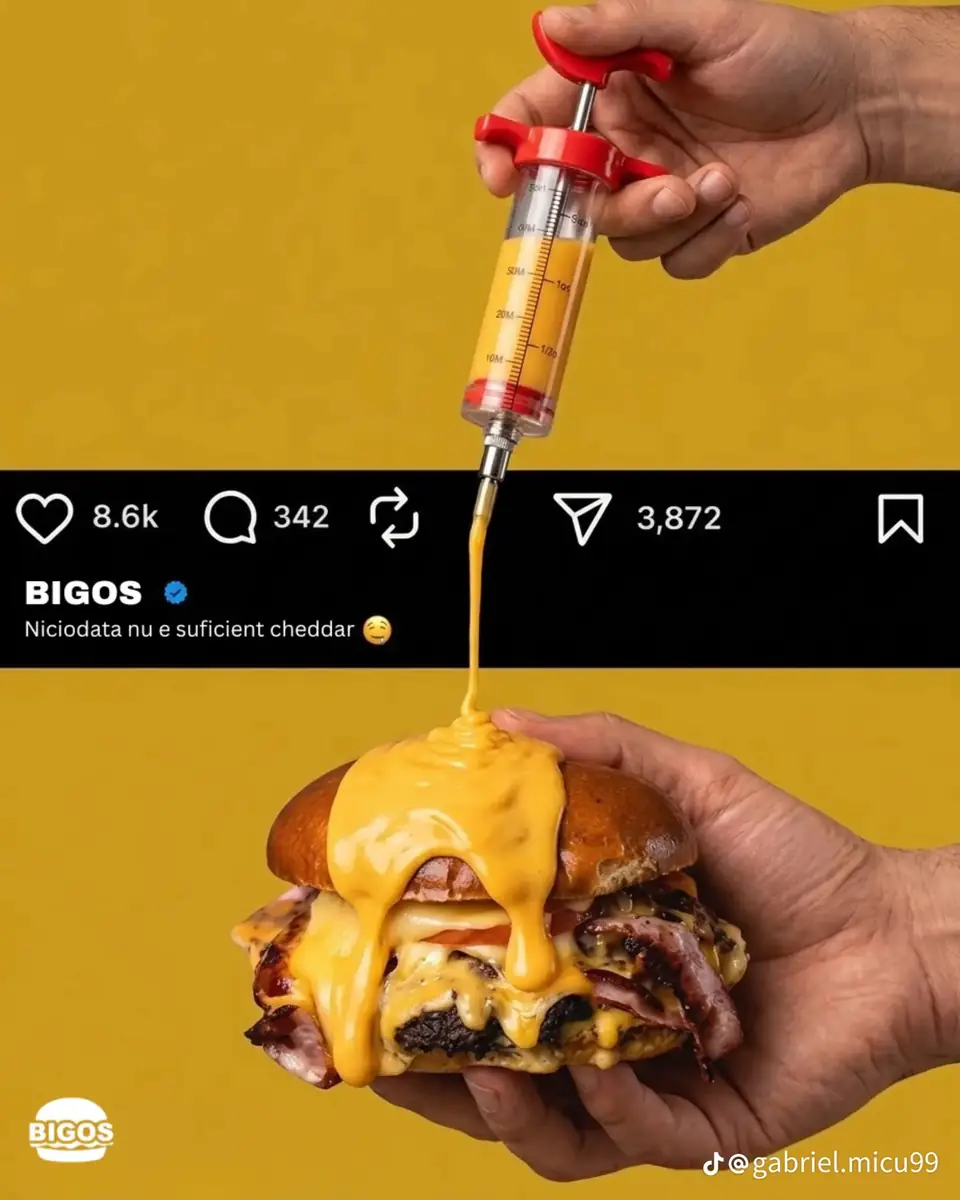 A BIGOS advert: cheddar from a syringe, "never enough cheddar" (made by @gabriel.micu99)