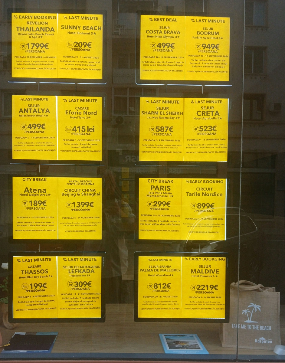 The first window: last-minute and early-booking cards, per person, in euro — the small print on each says what is included