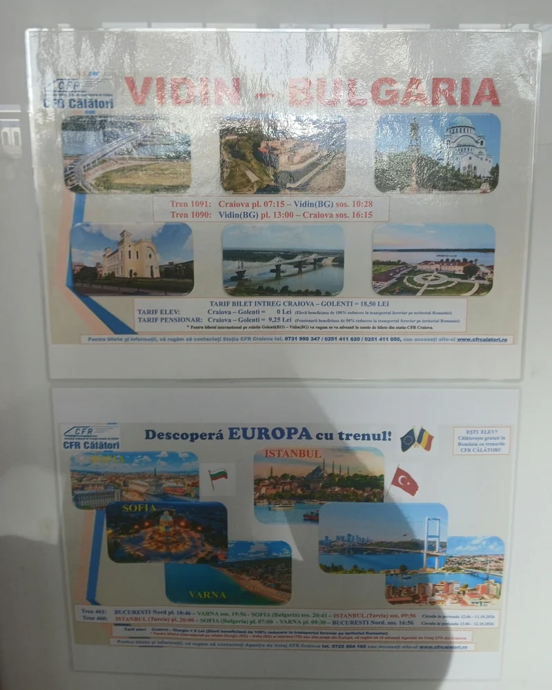 Both CFR posters at Craiova station: the daily Vidin service above, the Bucharest–Varna–Sofia–Istanbul through train below